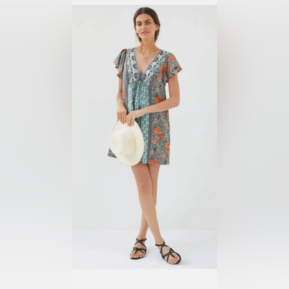 Anthropologie BOHO V Neck V Neck Patterned Mini Dress XS Flutter Sleeve Beachy
